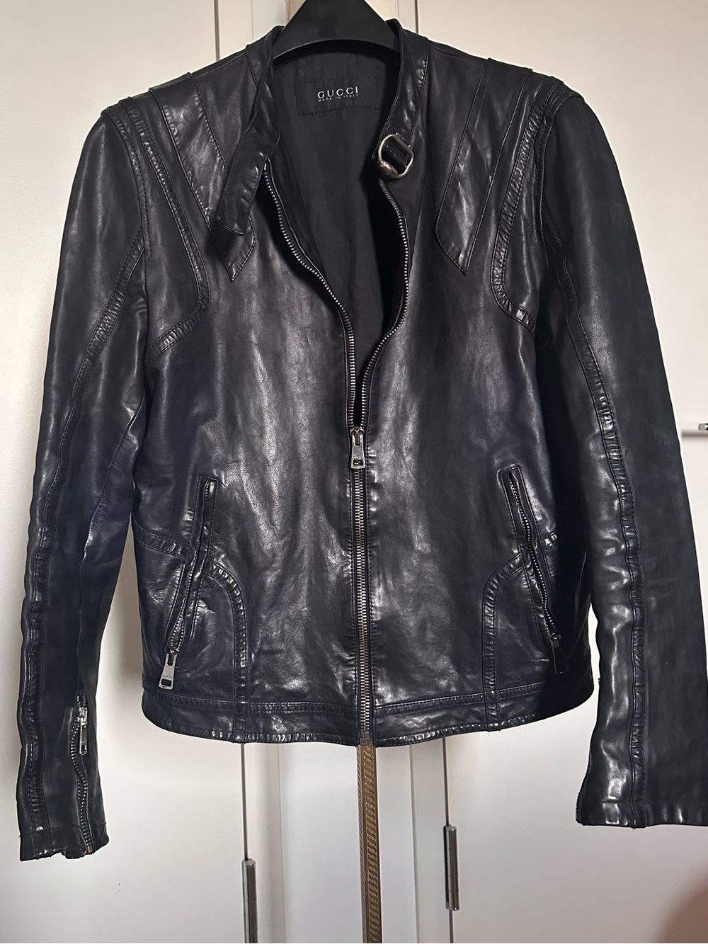 Gucci Black Leather Biker Jacket with Buckle Collar